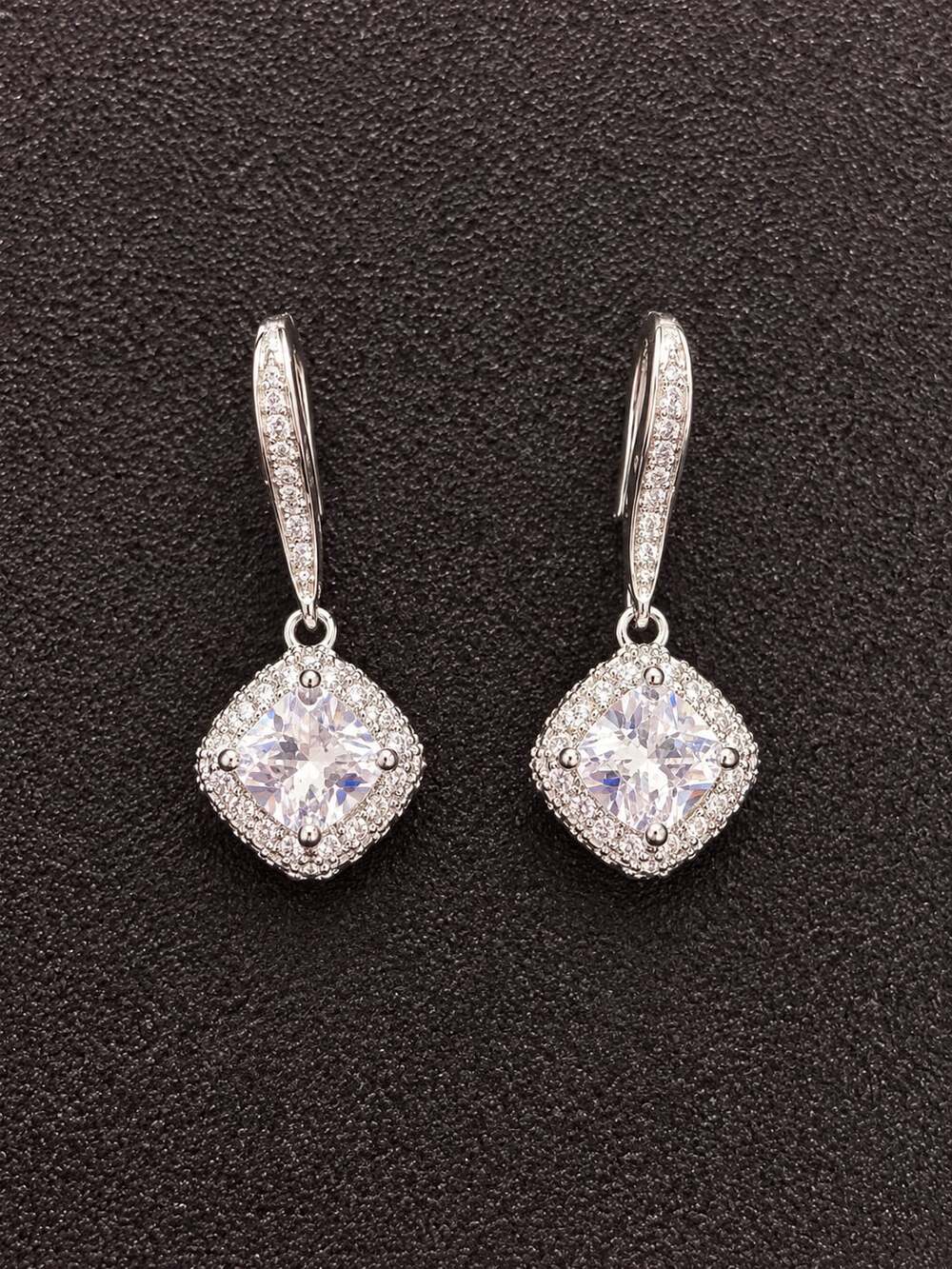 Square CZ Halo Drop Earrings